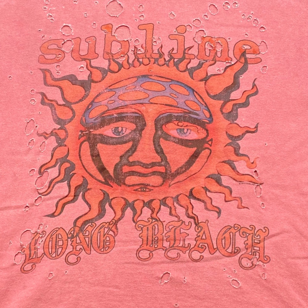 Sublime Band TShirt Sz XL Mens Pink Grunge Distressed Sun Logo Long Beach Tee - Picture 2 of 7